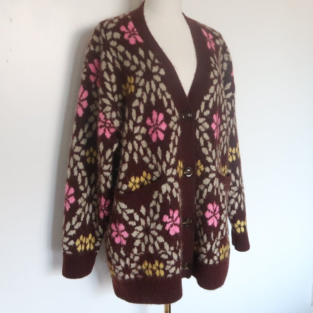 ZARA Oversized Chunky Floral Knit Cardigan Sweater Brown Pink Yellow Size M - Picture 10 of 16